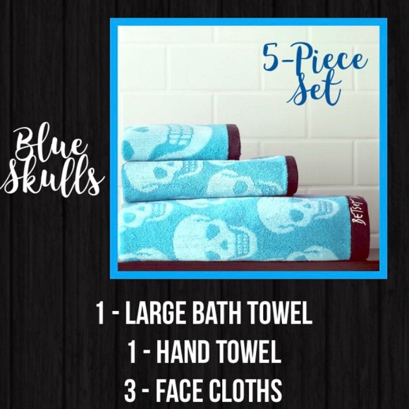 NWT Betsey Johnson 5- Piece Towel Set Aqua Skulls - Picture 4 of 6
